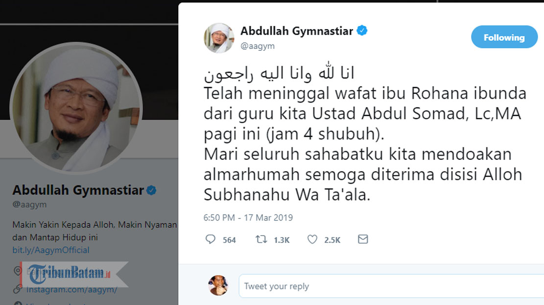 Ibunda Ustad Abdul Somad Meninggal Dunia, Jenazah Dibawa ke Asahan Sumut, Ini Ucapan Duka Aa Gym
