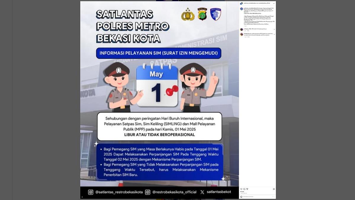 SIM Keliling Kota Bekasi, Sabtu 3 Mei 2025 di Kantor Kecamatan Bekasi Barat Sampai Pukul 10.00