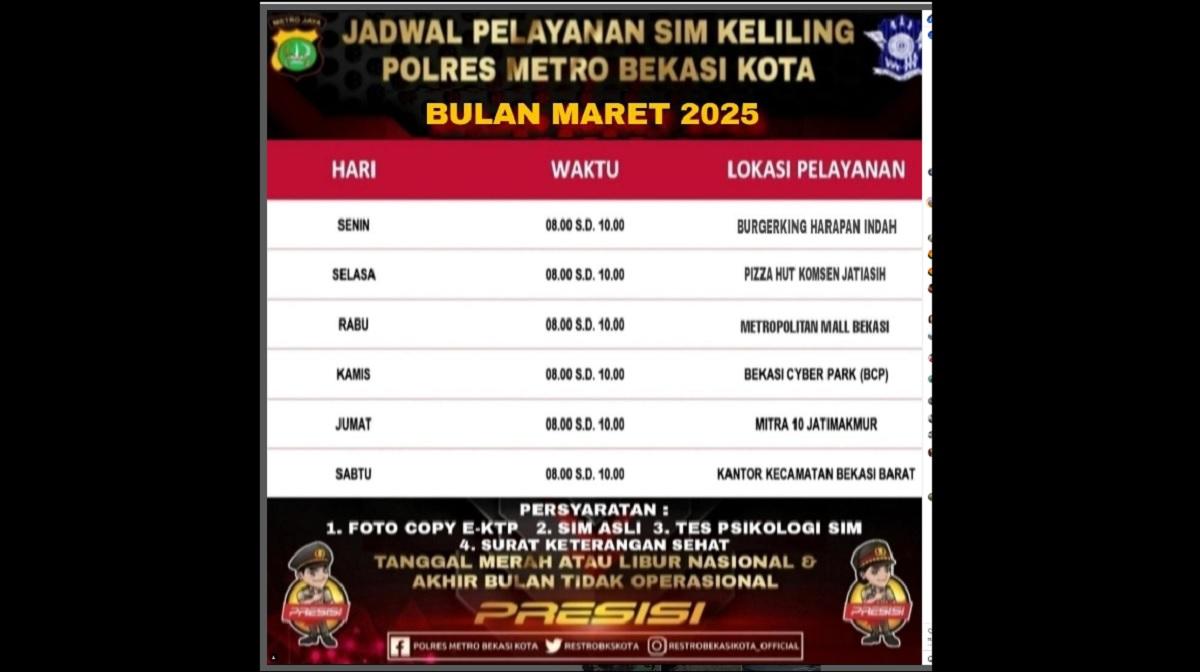 SIM Keliling Kota Bekasi, Rabu 12 Maret 2025 Dijadwalkan Hingga Pukul 10.00 WIB, Catat Lokasinya