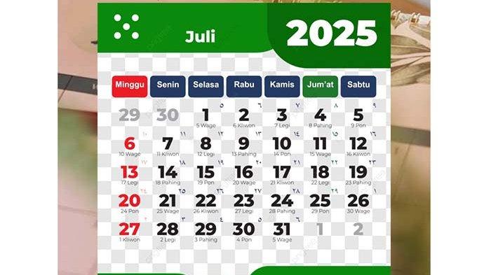 Kalender 2025 Lengkap dengan Weton 10 Juli 2025, Simak Hari Pasaran Jawa
