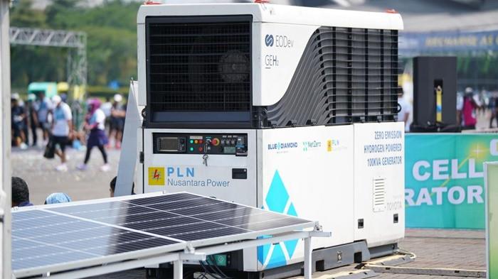 Tampak genset berbasis green hydrogen dan Pembangkit Listrik Tenaga Surya (PLTS) Mobile dari PLN Nusantara Power dan PLN Indonesia Power. Keduanya menyuplai penuh listrik hijau pada event PLN Electric Run 2025.