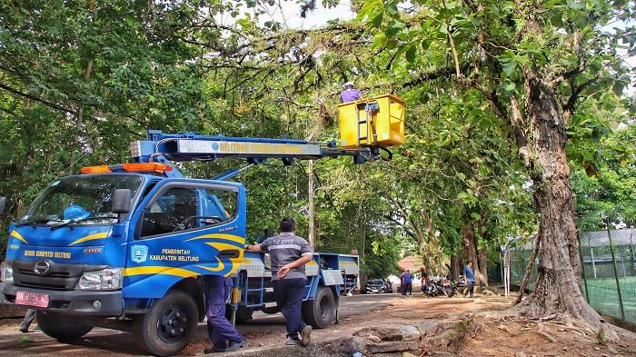 JUMAT BERSIH -- Wakil Bupati Belitung Syamsir mengecek kegiatan Jumat Bersih di sekitar Lapangan Tenis Husin pada Jumat (23/1/2026).