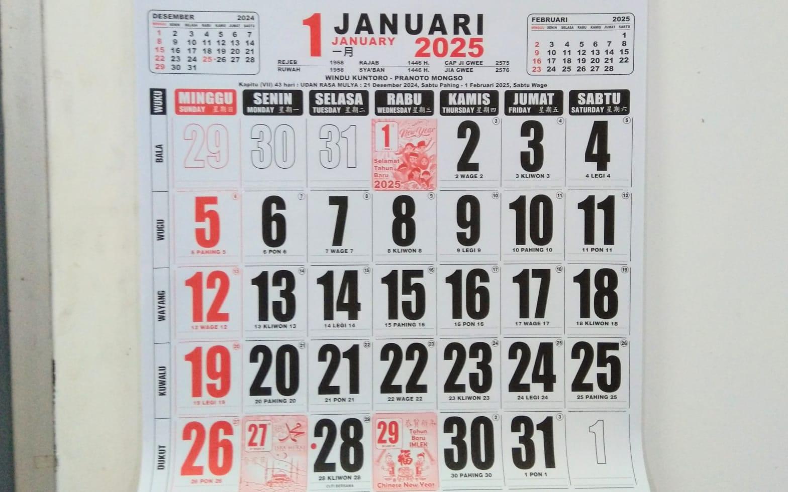 Kalender Januari 2025 Lengkap dengan Weton Tanggal 22 Januari 2025