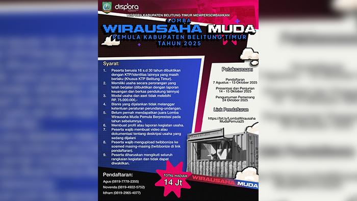 Lomba Wirausaha Muda Pemula 2025 di Belitung Timur, Cek Syarat Berikut Ini untuk Jadi Peserta