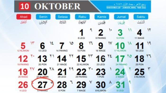 Cek Kalender 2025: Penanggalan Jawa, Senin Pahing 27 Oktober 2025, Neptu, Pasaran, Weton Wuku
