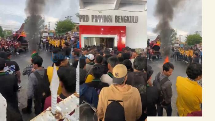 DEMO MAHASISWA - Puluhan mahasiswa menggelar aksi demonstrasi di depan Kantor DPRD Provinsi Bengkulu, Selasa (12/5/2026). Dalam aksi tersebut, massa menyuarakan nasib guru non-ASN, anggaran pendidikan, hingga persoalan sistem pendidikan di Indonesia.