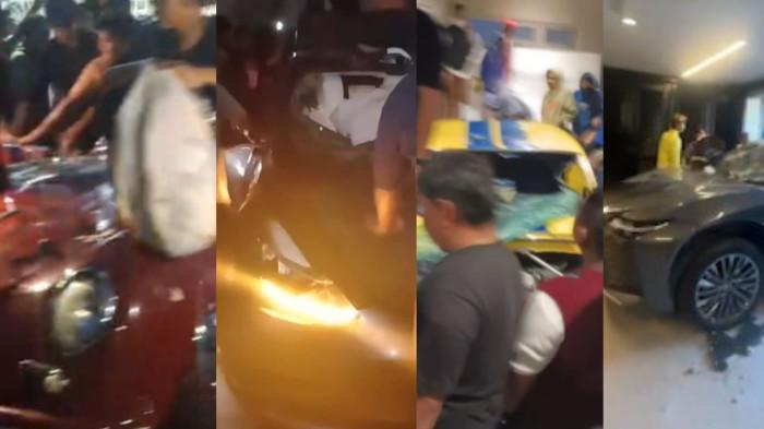 RUMAH SAHRONI DIJARAH - Potret mobil mewah Ahmad Sahroni dirusak massa.