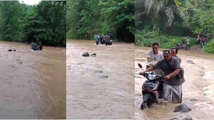 Terlihat warga Desa Simpang Kecamatan Seluma Utara sedang menyebrangi sepeda motor dengan arus sungai yang deras, masyarakat kecewa karena jembatan batal dibangun.