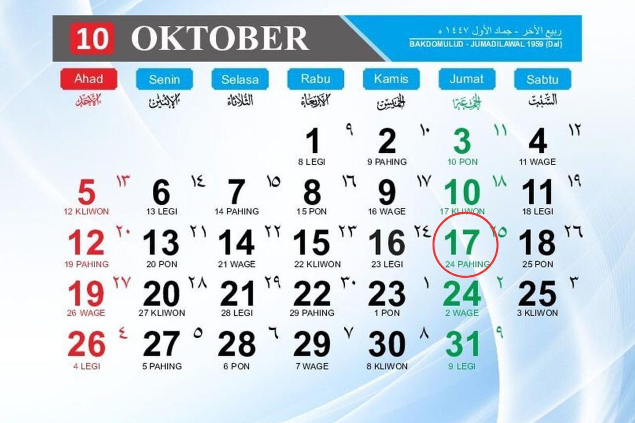 Kalender Jawa Hari 17 Oktober 2025: Jumat Pahing, Pembawa Karisma dan Keberuntungan