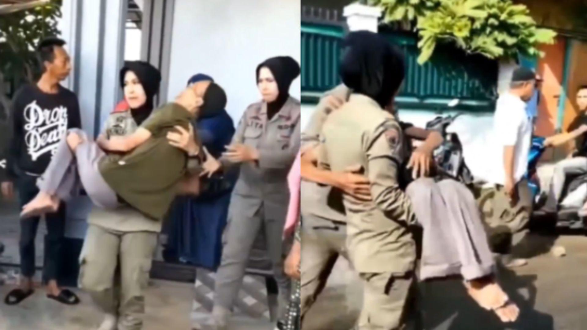 Aksi Anggota Satpol PP Wanita di Lhokseumawe Gendong Pak Sampirno Keluar Dari Rumah yang Terbakar