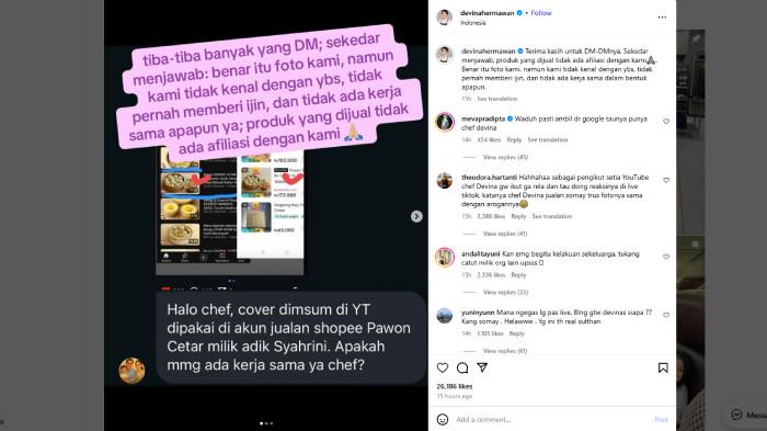 FOTO SIOMAY CHEF DEVINA DICOMOT ADIK SYAHRINI - Sosok Chef Devina Hermawan kini sedang ramai dibicarakan karena foto masakannya dicomot oleh adik Syahrini, Aisyahrani.