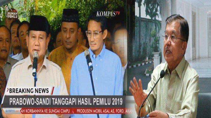 Paslon 02 Tolak Hasil Pilpres yang Diumumkan KPU, JK: Prabowo Harus Berjiwa Besar