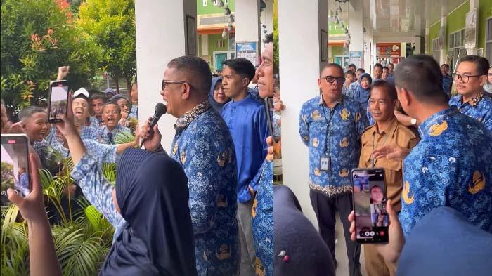 KEPSEK PRABUMULIH DIPECAT: Tangkapan layar video mengharukan yang merekam momen ratusan murid SMPN 1 Prabumulih menangis saat menyambut kepsek dan satpam yang tak jadi dipecat dan kembali bertugas hari ini, Rabu (17/9/2025).