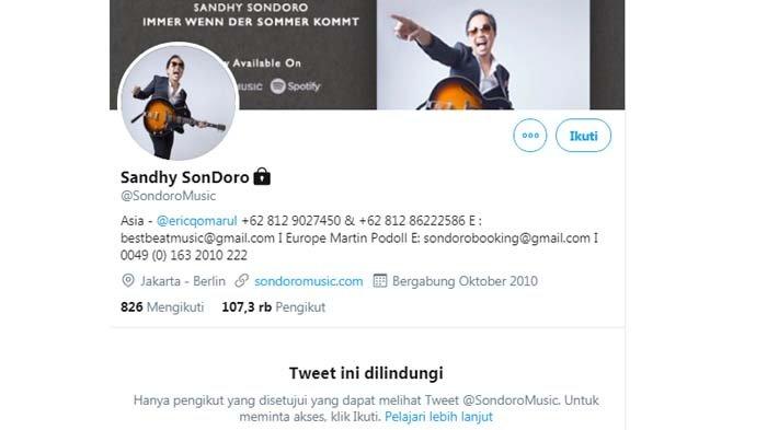Sandhy Sondoro kunci akun Twitternya menjadi mode privasi. 