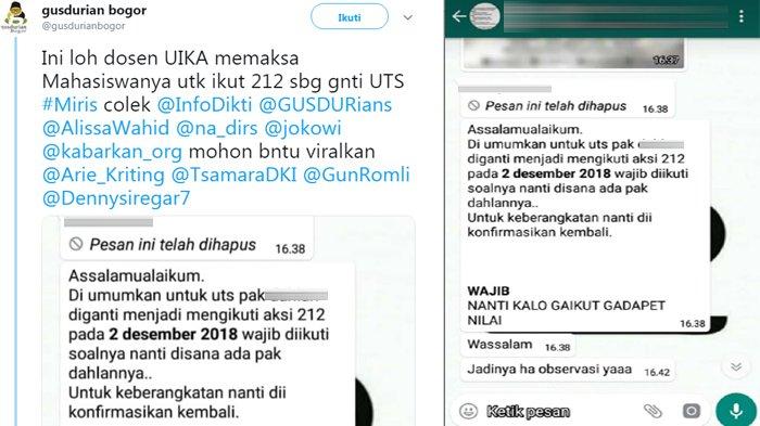 Beredar Chat Grup WhatsApp Mahasiswa UIKA Diwajibkan Ikut Aksi Reuni 212, Ini Tanggapan Rektor