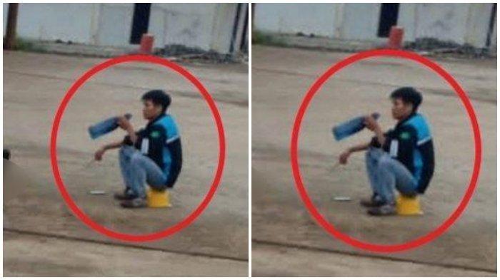 Seorang Pria Santai Minum Setelah Membunuh Orang, Tangan Kanan Pegang Senjata, Tangan Kiri Botol