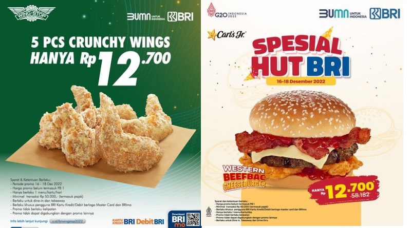 Promo Akhir Pekan Spesial HUT BRI, Wingstop, Carls Jr dan Shigeru Semuanya Serba Rp12 Ribu