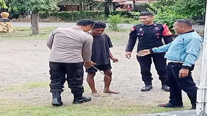 AMANKAN - Anggota Brimob Maumere saat mengamankan pelaku S (baju hitam) di Kecamatan Kewapante, Kabupaten Sikka, NTT, Kamis (26/3/2026).