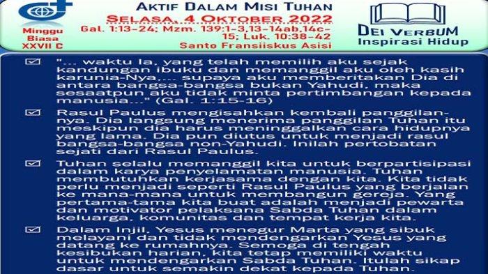 Bacaan Injil Katolik Hari Selasa 4 Oktober 2022, Lengkap dengan Mazmur Tanggapan