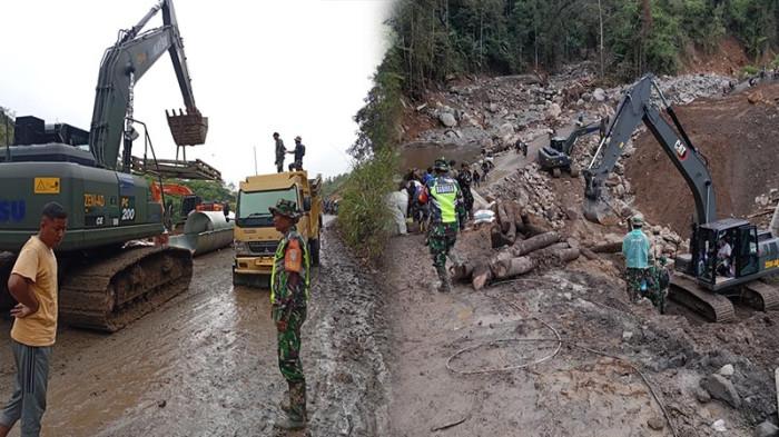 PEMBANGUNAN JEMBATAN BAILEY - Pembangunan jembatan bailey di kawasan Wih Pase, Kecamatan Permata, Kabupaten Bener Meriah terus dikebut oleh prajurit Batalyon Zeni Konstruksi (Yonzikon) bersama Satuan Tugas Penanggulangan Bencana Bener Meriah, Sabtu (20/12/2025).
