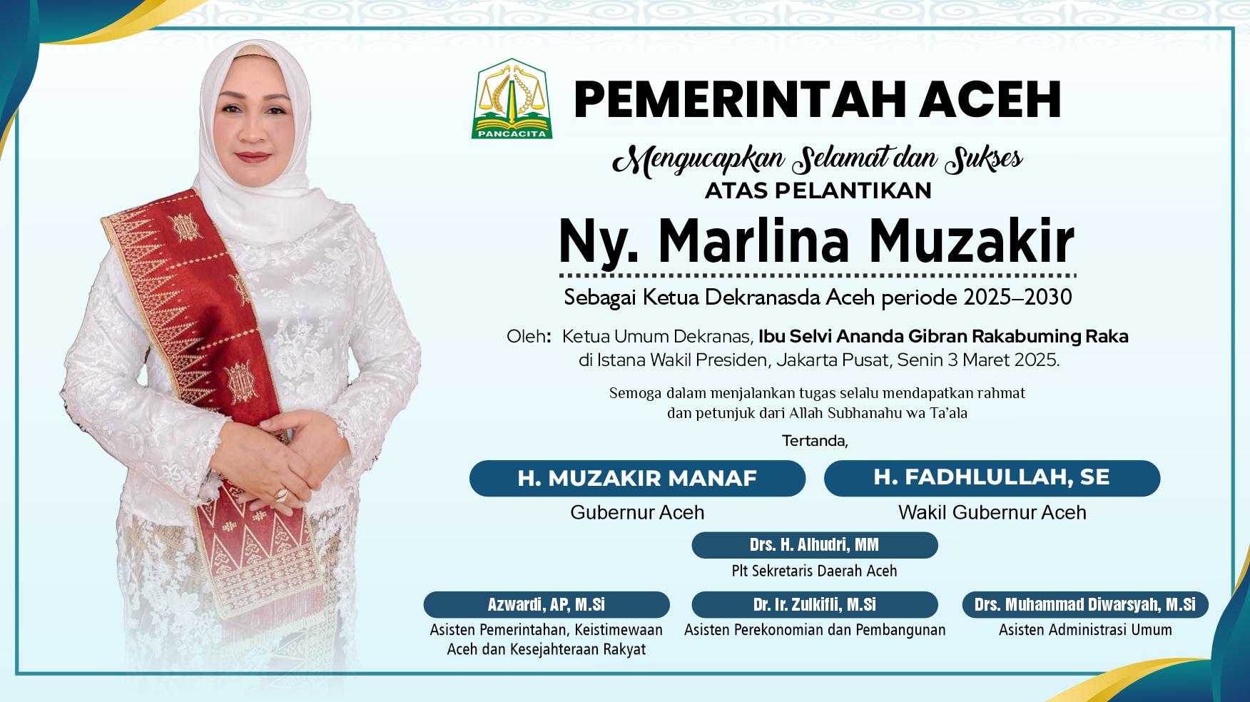 Pemerintah Aceh Mengucapkan Selamat Atas Pelantikan Ketua Dekranasda Aceh