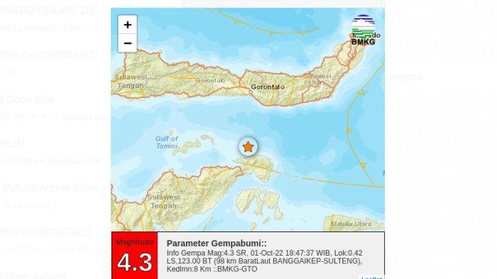 Gempa Bumi M4.3 SR Barat Laut Bangkep, Sulteng pada Sabtu 1 Oktober 2022