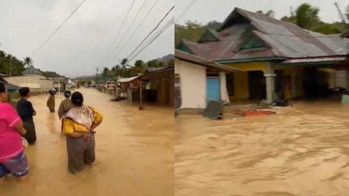 BANJIR POHUWATO -- Banjir di Hulawa, Kabupaten Pohuwato membawa material kayu. Warga khawatir dampak pertambangan emas.