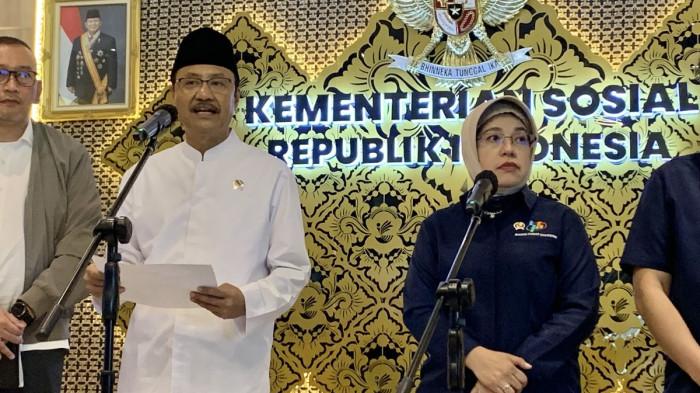 BANSOS -- Menteri Sosial (Mensos) Saifullah Yusuf atau Gus Ipul usai bertemu Kepala BPS Amalia Adininggar membahas soal penyaluran bantuan sosial (bansos) di Kantor Kemensos, Jakarta Pusat, Senin (13/4/2026).(KOMPAS.com/FIRDA JANATI)