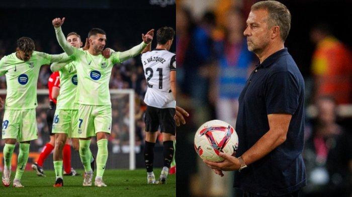 TANTANGAN FLICK - Foto kolase Ferran Torres merayakan golnya ke gawang Valencia dan pelatih Barca Hansi Flick. 