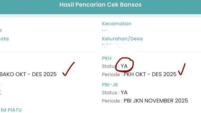 BANSOS 2026 - Gambar tangkapan layar menampilkan hasil pencarian cek bansos Kemensos. Panduan mengecek penerima bantuan sosial (bansos) Kemensos, termasuk PKH 2026. Cara memastikan status penerima PKH Januari 2026 pada Tahap I PKH 2026. (KOMPAS.com/Mela Arnani)