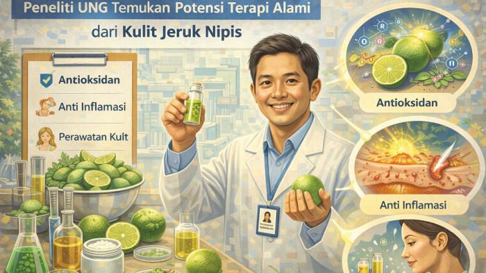 RISET UNG - Ilustrasi Peneliti menunjukkan hasil ekstraksi di laboratorium – Temukan potensi terapi alami kaya antioksidan dan antiinflamasi, dorong inovasi kesehatan berbasis limbah ramah lingkungan.