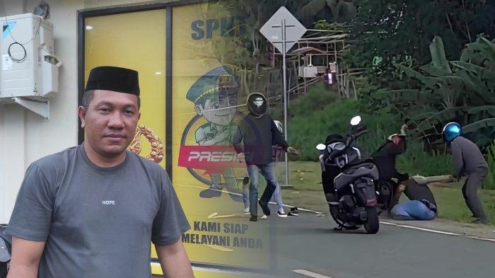 KOLASE -- Dua foto yang digabungkan, memperlihatkan konteks antara korban (kiri) dan aksi penganiayaan yang ia alami di jalan GORR Gorontalo pada Senin sore (5/5/2025).