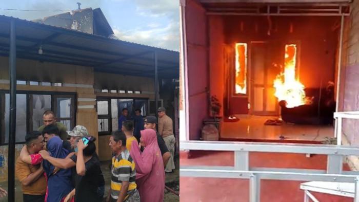 KOLASE KEBAKARAN -- Pemilik rumah tampak histeris menyaksikan rumahnya kebakaran (kiri) dan potret saat api mulai membesar melahap rumah, Senin (23/3/2026).