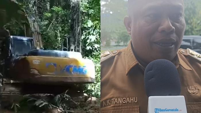 VIDEO VIRAL -- Kolase foto eskavator dan Camat Suwawa Timur Abdul Karim Tangahu saat diwawancarai TribunGorontalo.com, Senin (12/1/2026). Belakangan beredar video eskavator masuk di Taman Nasional Bogani.