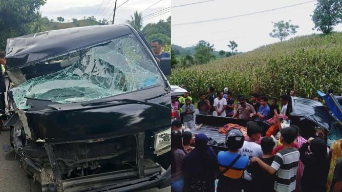 KECELAKAAN MAUT -- Kolase foto kondisi mobil pikap yang mengalami kecelakaan di Desa Popalo, Kabupaten Gorontalo Utara. Polres Gorontalo Utara mengungkap dugaan penyebab kecelakaan.