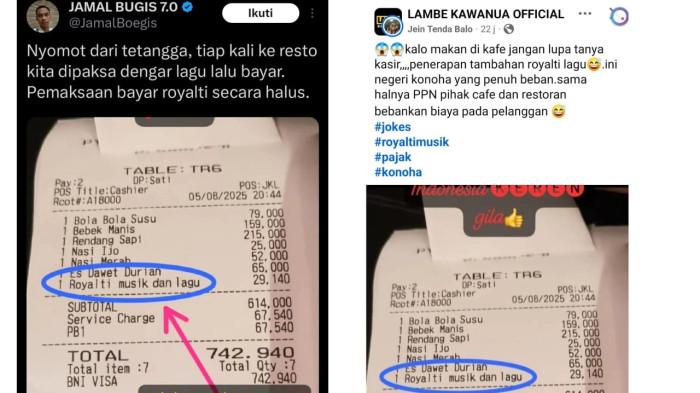 STRUK PELANGGAN -- Kolase foto unggahan di X dan Facebook terkait struk pelanggan di sebuah restoran.