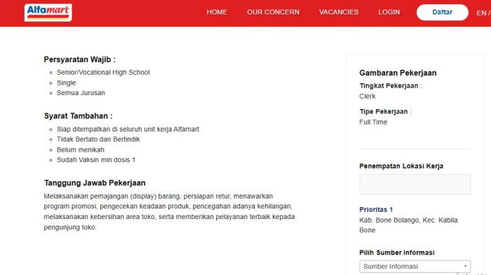 Menu pendaftaran Crew Store Alfamart Branch Gorontalo.