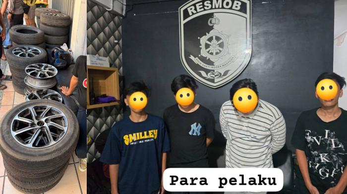 KOLASE SINDIKAT -- Polisi berhasil membekuk remaja spesialis pencurian ban hingga velg mobil di Sulawesi Utara (Sulut). Mirisnya, remaja ini rata-rata masih di bahwa 18 tahun.