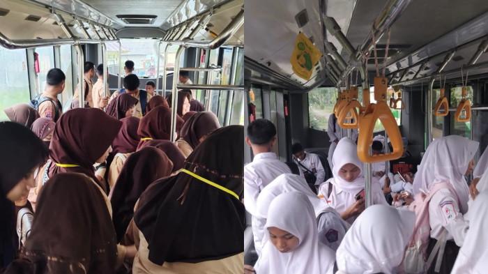 Potret siswa-siswa menaiki bus sekolah