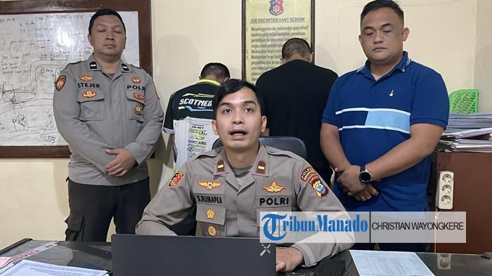 TERSANGKA - Kapolsek Dimembe Polres Minut Ipda Steven Rumapea dan jajaran Reserse Polsek. Mereka menyampaikan keterangan terkait penangkapan 2 tersangka kasus penganiayaan hingga ada yang tewas.