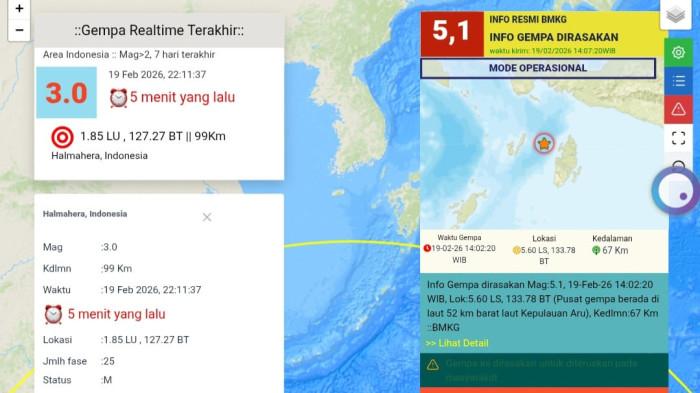 Tangkapan layar parameter gempa bumi. Baru saja Halmahera diguncang