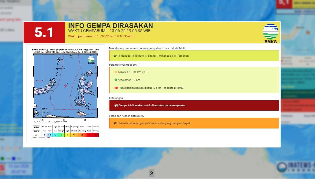 Baru Saja Terjadi Gempa Bumi Jumat Malam 13 Juni 2026! Dirasakan di Manado hingga Ternate