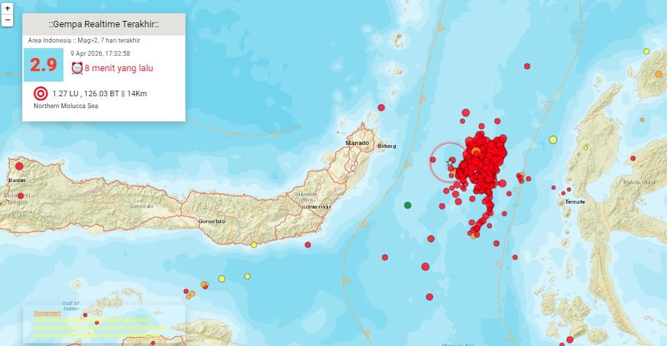BMKG Catat Gempa 2,9 di Perairan Tenggara Bitung Sulut Sore Ini