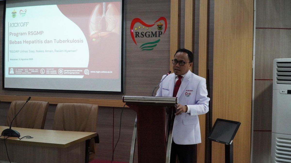 Sambutan Direktur RSGMP Unhas. drg. Andi Tajrin, M.Kes.,Sp.B.M.M.,Subsp.,C.O.M(K), dalam rangka kick off Gerakan Bebas Hepatitis & TBC di RSGMP Unhas.