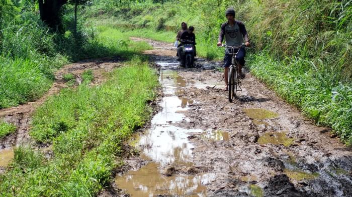 Pengguna jalan melintas di jalan rusak dengan permukaan berlumpur dan digenangi air di Kapung Parunghalang, Kelurahan Andir, Kecamatan Baleendah, Kabupaten Bandung, Provinsi Jawa Barat, Sabtu (13/9/2025).