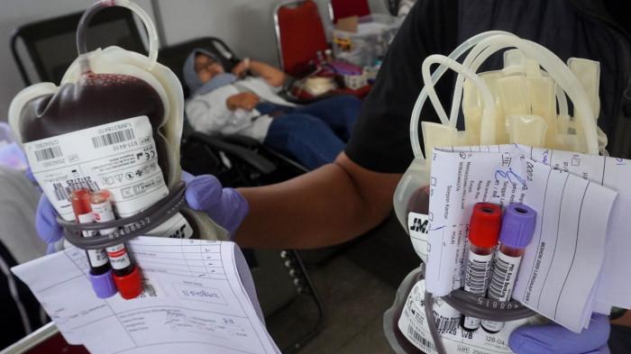 Petugas medis PMI Kota Bandung memperlihatkan labu berisi darah dari warga yang baru didonor pada acara Donor Darah Serentak yang diselenggarakan Ikatan Alumni Universitas Katolik Parahyangan (IKA Unpar), di Balai Kota Bandung, Jawa Barat, Sabtu (15/11/2025).
