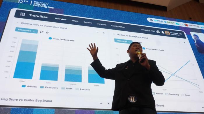 Salah satu peserta mempresentasikan model bisnis dan solusi teknologi mereka di hadapan audiens yang terdiri dari para investor terkemuka dan pemimpin industri pada gelaran Bandung Startup Pitching Day (BSPD) 2025 di Gedung Freeport SBM ITB, Kota Bandung, Jawa Barat, Kamis (11/12/2025).