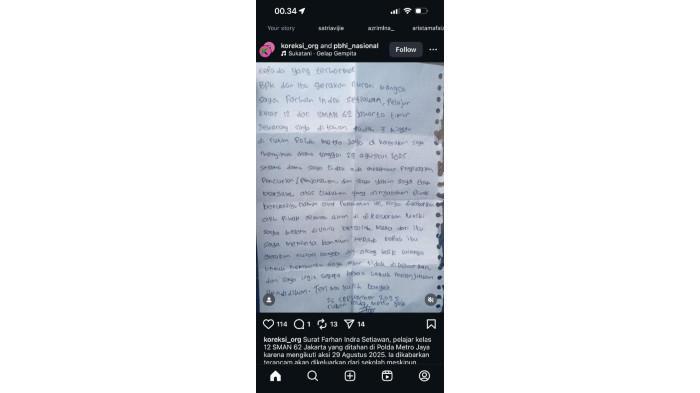 Surat terbuka milik Farhan Indra, siswa kelas 12 SMAN 62 Jakarta Timur yang ditangkap usai demo di depan gedung DPR RI Agustus 2025 lalu, viral di media sosial, Kamis (25/9/2025). Farhan kini masih ditahan di Rutan Polda Metro Jaya.
