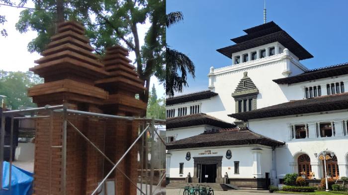 Gerbang baru Gedung Sate yang bernuansa candi (kiri) dan bagian depan Gedung Sate yang memiliki ornamen candi tepat di bagian tengahnya (kanan).