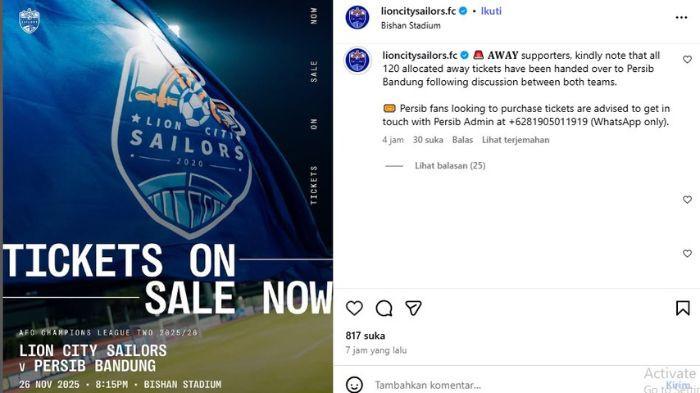 INFORMASI TIKET - Lion City Sailors menginformasikan pembelian tiket away untuk Bobotoh untuk matchday kelima AFC Champions League Two (ACL 2) 2025/2026 melawan Persib Bandung.